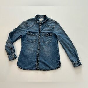 Zara Trafaluc Denim Shirt Western Top Womens Small Long Sleeve Pearl Snap Button